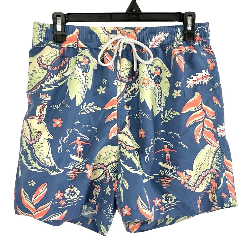 Polo Ralph Lauren Swim Trunks Men's Medium Blue Hawaiian Surfer Print Mesh Lined